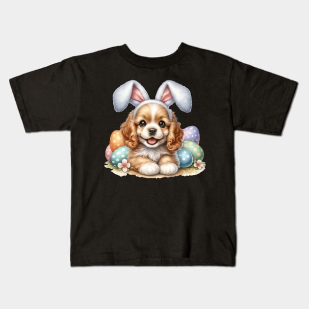 Puppy Cocker Spaniel Bunny Ears Easter Eggs Happy Easter Day Kids T-Shirt by cyberpunk art